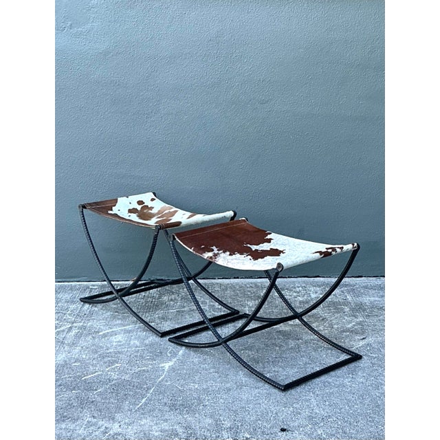 Black Vintage Rebar Cowhide Sling Benches - A Pair For Sale - Image 8 of 12