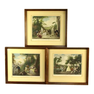 F. Hanfstaengl Antique Set of 3 Tinted Lithographs Rococo Comedia Dell'Arte
