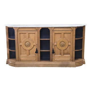 Antique Early 1900s Oak Console Cabinet With Doors, Shelves and a Marble Top For Sale