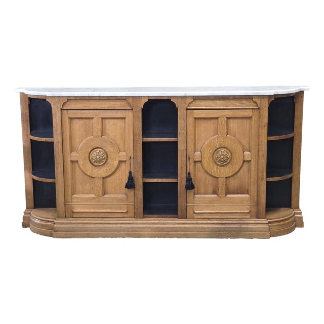 Antique Early 1900s Oak Console Cabinet With Doors, Shelves and a Marble Top For Sale