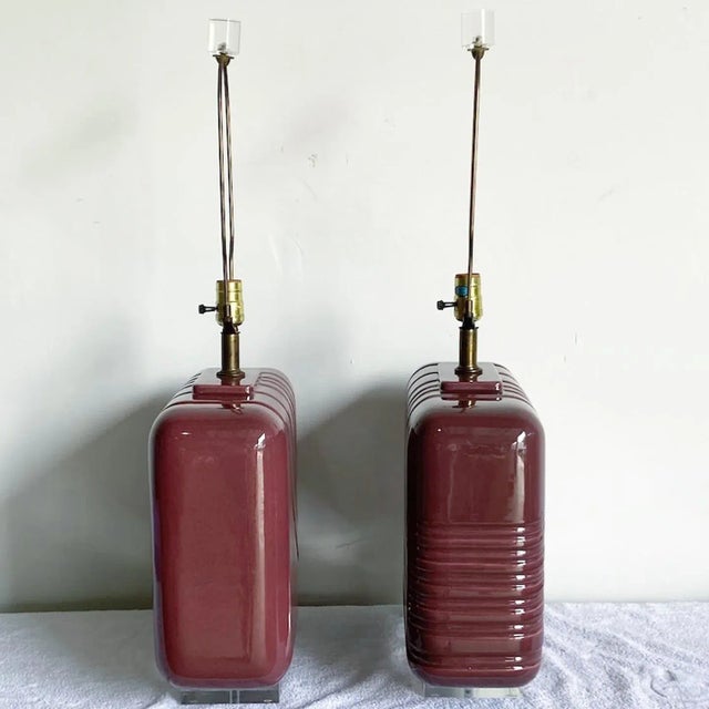 1980s Postmodern Purple Ceramic and Lucite Oversized Table Lamp - a Pair For Sale - Image 5 of 7