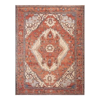 Beautiful Ivory Background With Distinctive Red Medallion Design Antique Persian Serapi Rug For Sale