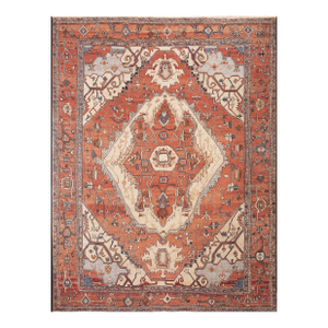 Beautiful Ivory Background With Distinctive Red Medallion Design Antique Persian Serapi Rug