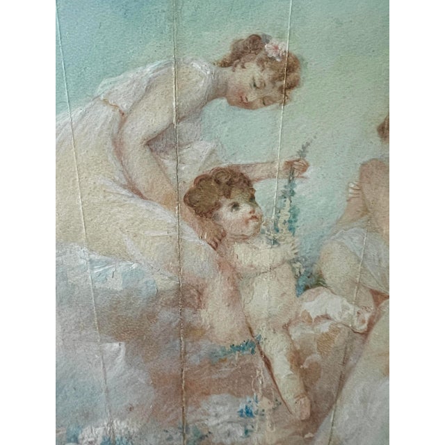 Antique French Louis XV Period Hand Painted Pale Blue Fan in Gilt Frame With Angels and Cherubs For Sale - Image 4 of 13
