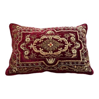 Antique Italian Hand Embroidered Pillow With Metal Time Threads on Silk Velvet. For Sale