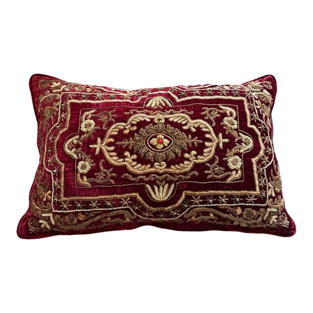 Antique Italian Hand Embroidered Pillow With Metal Time Threads on Silk Velvet. For Sale