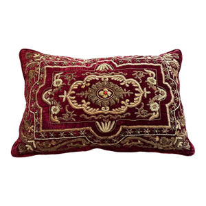 Antique Italian Hand Embroidered Pillow With Metal Time Threads on Silk Velvet.