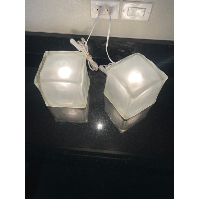 White Postmodern Swedish Ice Block Cube Lamps Satin Glass Set of 2 For Sale - Image 8 of 12