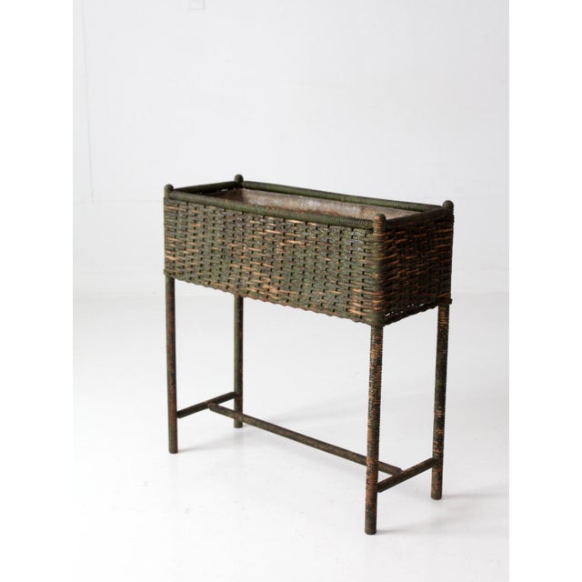 Antique Green Painted Wicker Jardinière Planter With Metal Liner For Sale - Image 9 of 17