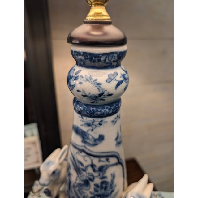 1950s 1950s Whimsical Vintage Blue & White Porcelain Rabbit Figural Table Lamp For Sale - Image 5 of 10