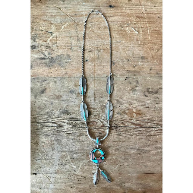 Vintage Turquoise Native American 925 Silver Pendant Necklace For Sale In West Palm - Image 6 of 11