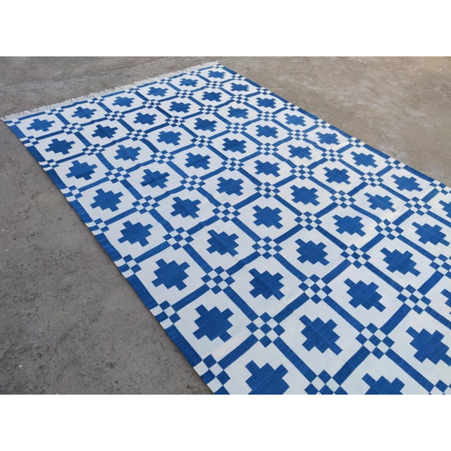 Handmade Cotton Rug, Indigo Blue And White Star Pattern Striped and Cream Fringe - 8'x10' For Sale - Image 9 of 10