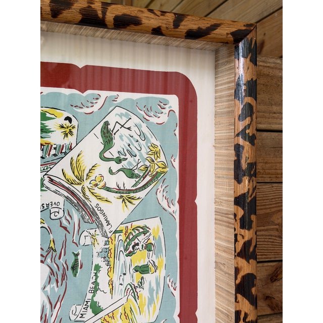 English Vintage Florida Map Tablecloth Custom Framed With Tortoise Rattan and Grasscloth For Sale - Image 3 of 12