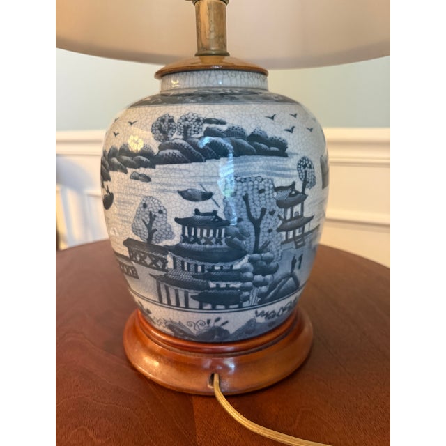 Blue Vintage Blue & White Crackle Glaze Ginger Jar Table Lamp With Shade For Sale - Image 8 of 9