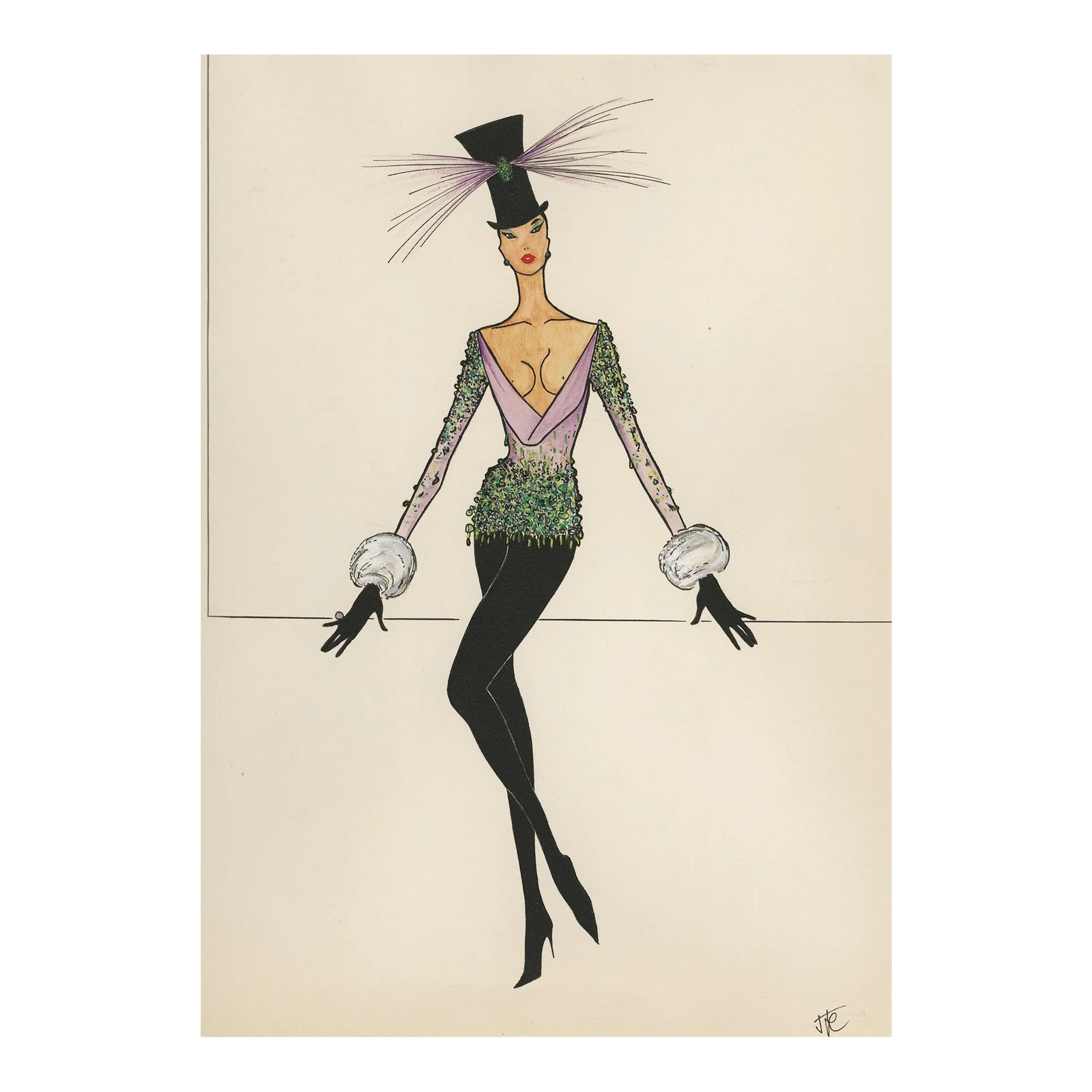 1950s MidCentury French Cabaret Costume Design Drawing, Gouache, Matted With Documentation