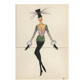 1950s Mid-Century French Cabaret Costume Design Drawing, Gouache, Matted With Documentation For Sale