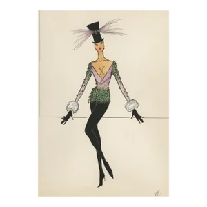 1950s Mid-Century French Cabaret Costume Design Drawing, Gouache, Matted With Documentation