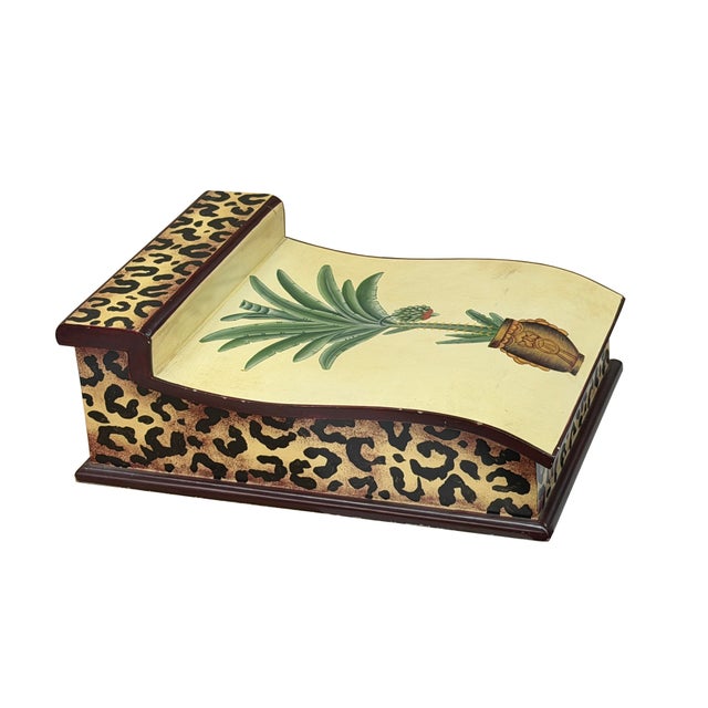 Distressed Leopard Print Pattern Green Plant Wood Lid Box For Sale In San Francisco - Image 6 of 7