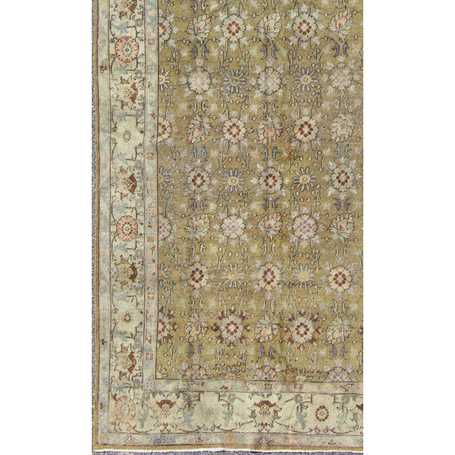 Turkish Olive Green Antique Oushak Rug From Turkey With Blossoms and Palmettes For Sale - Image 3 of 9