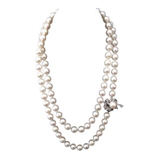 1950s Akoya Pearls With 14k White Gold & Diamond Clasp 31" For Sale