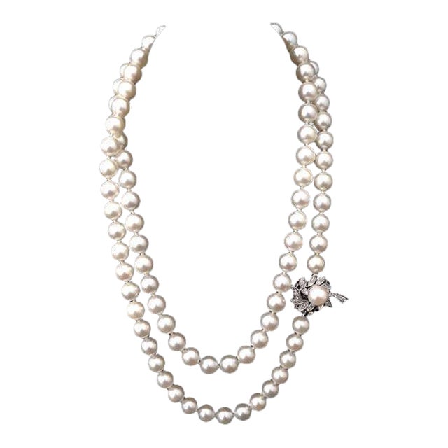 1950s Akoya Pearls With 14k White Gold & Diamond Clasp 31" For Sale