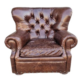 Restoration Hardware Churchill Lounge Chair in Cigar Brown Leather For Sale