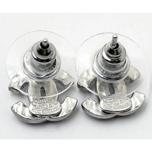 Contemporary Chanel Classic Silver CC Crystal Oval Small Piercing Earrings, A Pair For Sale - Image 3 of 4