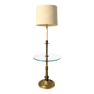 Vintage Hollywood Regency Brass Floor Lamp With Glass Table Shelf For Sale