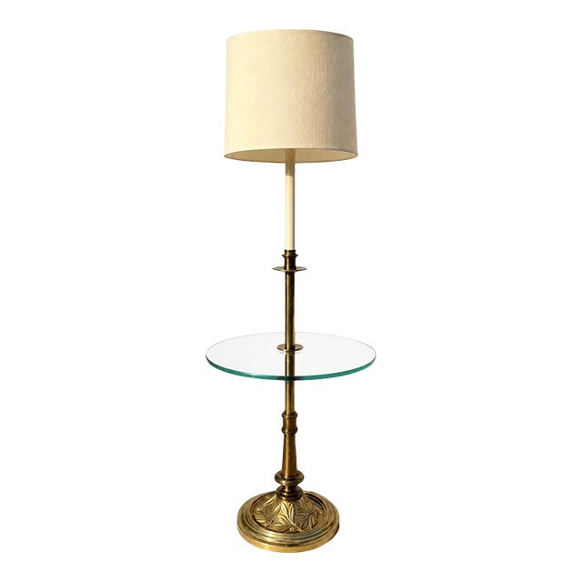 Vintage Hollywood Regency Brass Floor Lamp With Glass Table Shelf For Sale