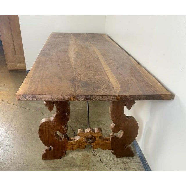Spanish Revival Handcrafted Solid Wood Trestle Dining Table With Wrought Iron Stretcher For Sale - Image 3 of 13