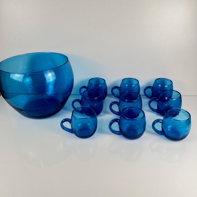 Cobalt Blue Bubbled Glass Punch Set in the style of Biot, 1970, Set of 10 For Sale - Image 14 of 14