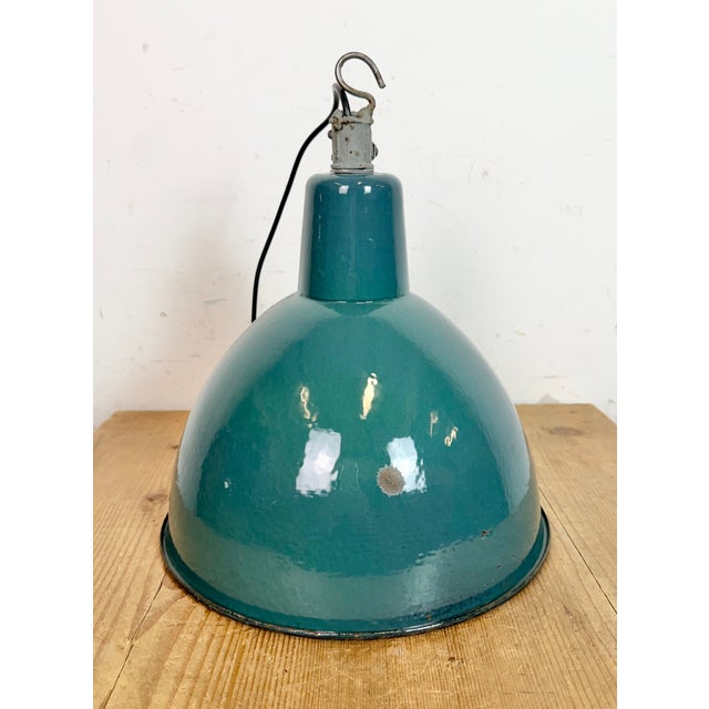 Industrial Petrol Enamel Factory Pendant Lamp, 1960s For Sale - Image 10 of 17