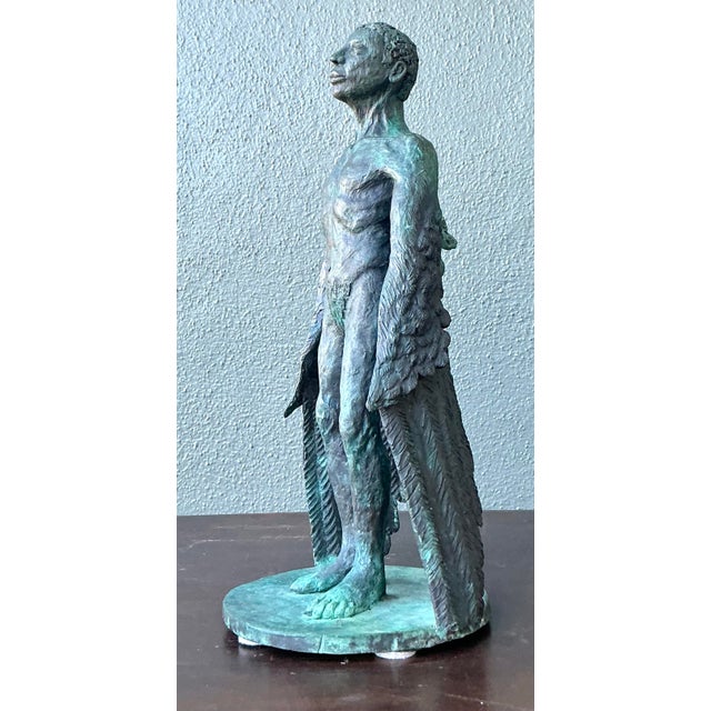 Verdigris Vintage Boho Bronze Sculpture of Winged Man For Sale - Image 8 of 12