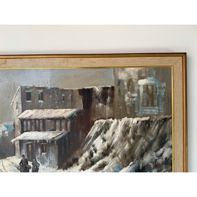 1960s A. Angivoni European Town Winter Landscape Oil on Canvas Painting, Framed For Sale In Miami - Image 6 of 11