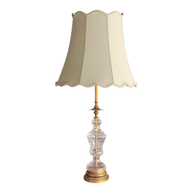Vintage Tall Neoclassical Brass & Hand-Cut Lead Crystal Column Table Lamp For Sale