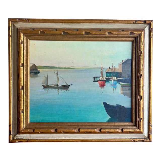 Mid Century Coastal Harbor Painting Signed Charles Richardson For Sale