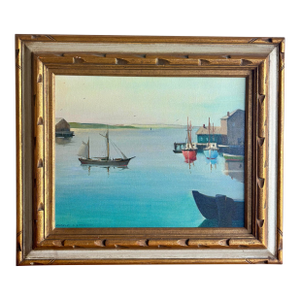 Mid Century Coastal Harbor Painting Signed Charles Richardson