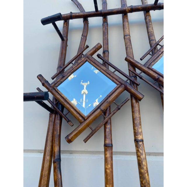 Antique Scorched Tiger Bamboo Hall Tree With Diamond Mirrors and Umbrella Stand For Sale - Image 4 of 7