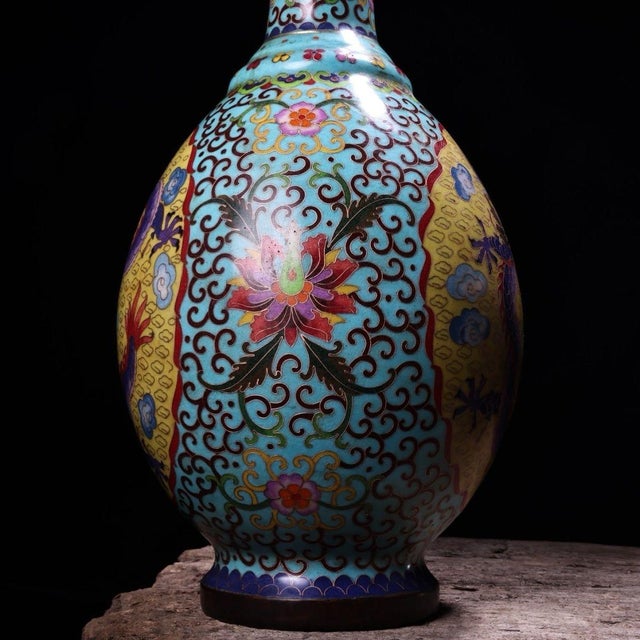 Blue Monumental Pair of Chinese Cloisonné "Dragon" Vases With Qianlong Mark - 18 LBS For Sale - Image 8 of 9