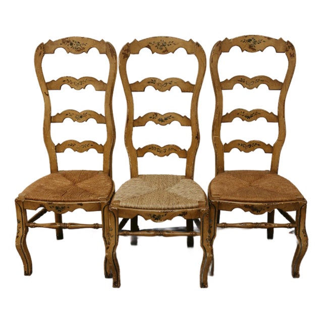 Hand-Painted Rush Seat Ladderback Chairs — Set of 3 (48" H) For Sale