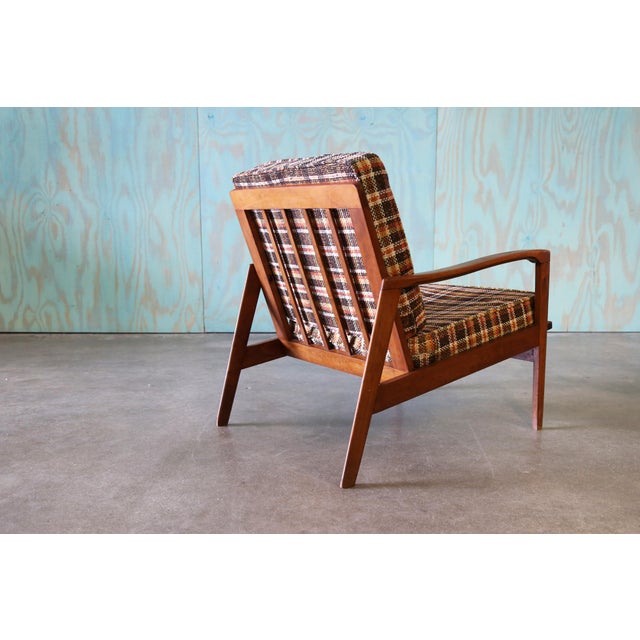 1980s Vintage Plaid Lounge Chair Slat Wood Back For Sale - Image 5 of 9
