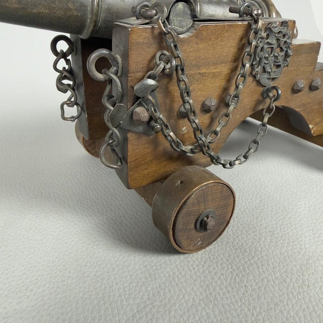 Brown Vintage Decorated Wood and Bronze Naval Cannon, 1940s For Sale - Image 8 of 13