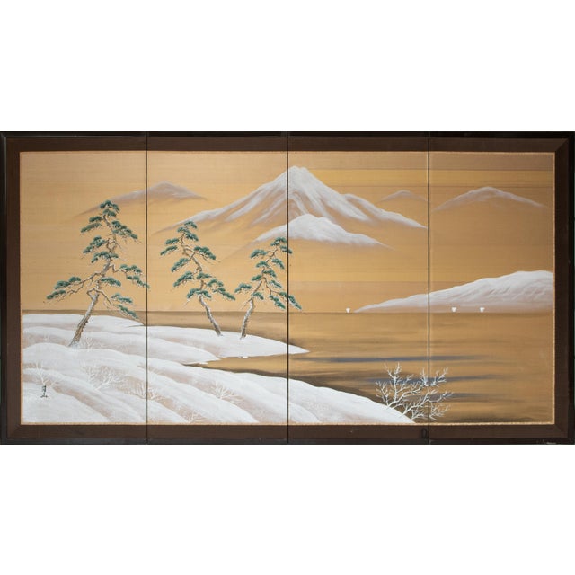 1960s Shōwa Era Japanese Silk Byobu Screen "Mountain Landscape With Pine Trees" For Sale - Image 18 of 18