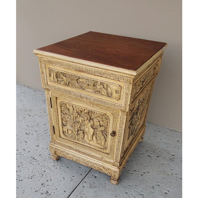1920s Antique Chinese Wooden Bedside Cabinet With Carved Chinese Scenery For Sale - Image 12 of 12