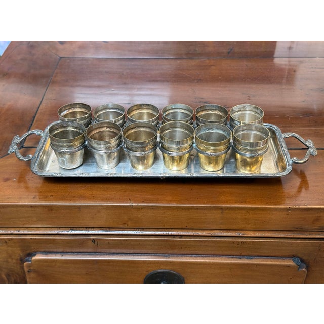 Metal Silverplate Cordial Set + Serving Tray, Vintage For Sale - Image 7 of 12