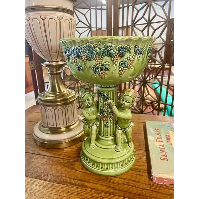 Ceramic Vintage 1950s Green Ceramic Pedestal Bowl With Cherubs by Fenton For Sale - Image 7 of 8