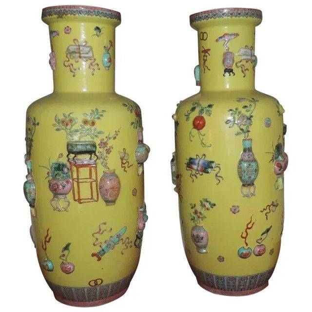 Large 19th Century Chinese Porcelain Yellow Rouleau Vases in Famille Jaune Glaze - a Pair For Sale - Image 11 of 11