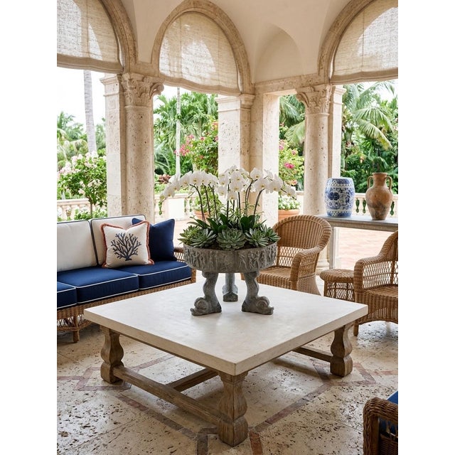 Vintage Neoclassical Relief-Carved Lead Garden Planter on Dolphin Tripod Base For Sale In West Palm - Image 6 of 10