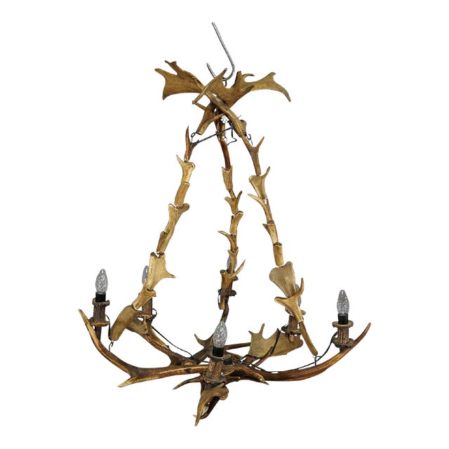 Large Rustic Antler Lamp With Fallow Deer and Deer Antlers For Sale