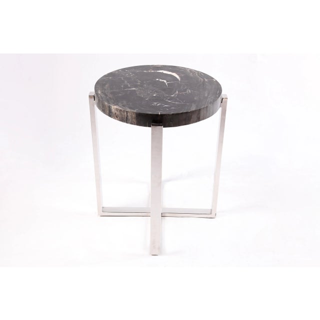 Contemporary Round Petrified Wood Top W Stainless Steel Stand Accent Table or Side Table 71 For Sale - Image 3 of 5